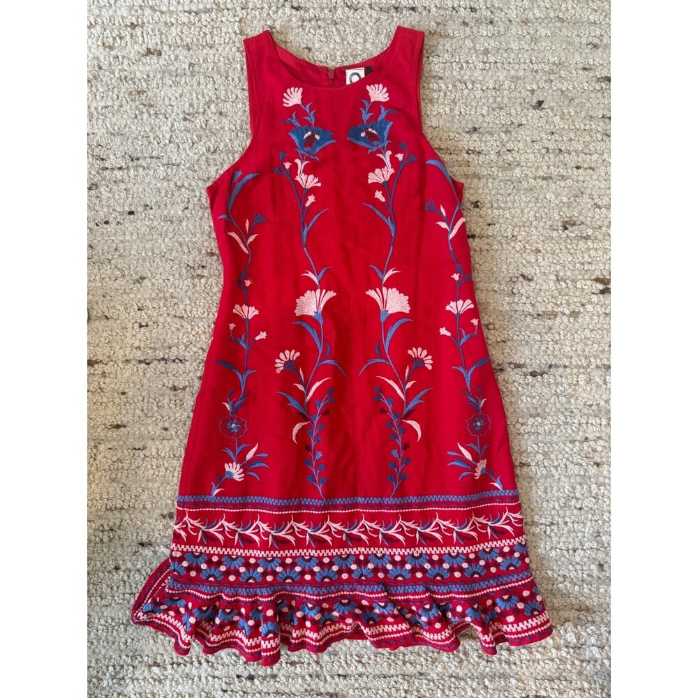 Anthropologie Akemi + Kin Red Embroidered Sleeveless Dress Boho Floral Ruffle
